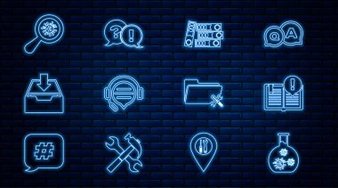 Satır Test Tüpünü virüs, Ofis klasörleri, Kulaklıklar konuşma balonu sohbeti, Gelen Kutusu İndirme, Mikroorganizmaları Büyüteç, Dizin servisi ve Soru ve Ünlem simgesi altında ayarla. Vektör