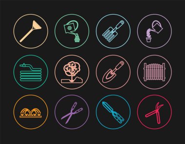 El yapımı makas, çit, çatal, ağaç dikme, hortum, tırmık yaprağı, kürek ve su kutusu ikonu. Vektör