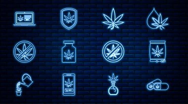 Marihuana, marihuana, kenevir tohumu, yaprak, şişe, Stop, Online satın alma ve Shield ve ikon içeren tıbbi hapları hazırlayın. Vektör