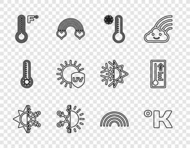 Güneş ve kar tanesi, Kelvin, Meteoroloji termometresi, UV koruması, Gökkuşağı ve ikon. Vektör
