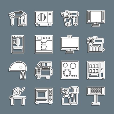Elektrik ısıtıcısı, otomat, hava kompresörü, çivi tabancası, kahve ve bardak, buzdolabı, çekiç matkabı ve bilgisayar monitörü ikonu ayarlayın. Vektör