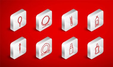 Tırnak cilası şişesi, yuvarlak makyaj aynası, kaş cımbızı, şampuan şişesi, ruj, el, makyaj tozu ve şırınga ikonu. Vektör