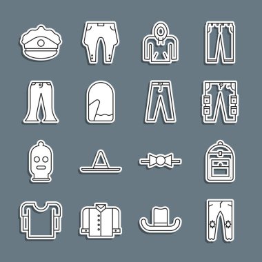 Çizgi pantolon, sırt çantası, kargo pantolonu, kapüşonlu, Noel eldiveni, papağan ve ikonlu polis şapkası. Vektör