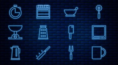 Sıralı kahve fincanı, elektronik teraziler, havan topu ve tokmak, Grater, mutfak zamanlayıcısı, et helikopteri ve fırın ikonu. Vektör