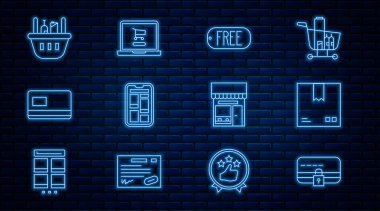 Kilitli kart, karton kutu trafik sembolü, Price etiketli metin Free, Online alışveriş, alışveriş sepeti ve yiyecek, bina veya market ve market dizüstü bilgisayar ikonu. Vektör