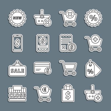 Alış veriş sepetine ekle, indirim etiketi, el arabası, alışverişi kaldır, kağıt çek ve mali çek, akıllı telefon, yeni ve ikon fiyat metni. Vektör
