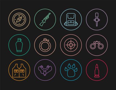 Hat kurşunu, dürbün, yürüyüş çantası, su şişesi, pusula, hedef spor ve av ikonu. Vektör