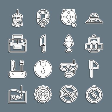 Pusula, balıklı balık ağı, sırt çantası, balık tutmak için dönen makara, bıçak, kutu yalpalayıcı ve yem ikonu. Vektör