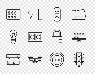 Hat Multimedya ve TV kutusu, trafik ışığı, uzaktan kumanda, İHA uçuşu, grafik tablet, elektrik prizi, robot elektrikli süpürge ve akıllı televizyon ikonu. Vektör