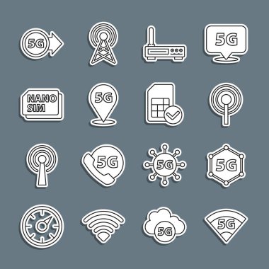 5G ağı, Anten, Router ve Wi-Fi sinyali, Konum, Nano Sim Kart ve Kart simgesi ayarlayın. Vektör