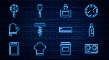 Gaz ocağı, bir şişe zeytinyağı, sos şişesi, şarap tirbuşonu, fırın eldiveni, tava, klima ve Spatula ikonu. Vektör