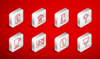 V60 kahve makinesi, kahve makinası, uçak, filtre tutacağı, fasulye, çanta, sokak tabelası ve İrlanda ikonu. Vektör