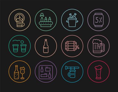 Bardak bira, tahta bardak, buz kovasında bira şişeleri, plastik, pong oyunu, Happy Hour, fıçı rafı ve konveyör bandı, ikon. Vektör