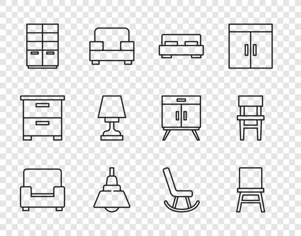 Установка линии кресло, стул, большая кровать, люстра, гардероб, настольная лампа, и значок. Вектор