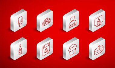 Cake ve yanan mumlar, ev teybi iki hoparlör kadın elbisesi, pizza dilimi, kek, dondurma, takvim partisi ve şampanya şişesi ikonu. Vektör