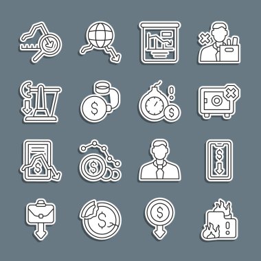 Yanan evde, seyyar hisse senedi ticaretinde, güvenli, turta grafiğinde, borç topunda zincirli madeni para, petrol fiyatlarında düşüş, küresel ekonomik kriz ve para bombası ikonu. Vektör