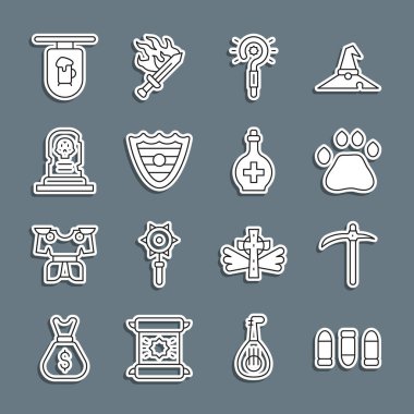 Hat kurşunu, kazma, ayı pençesi ayak izi, sihirli değnek, kalkan, mezar taşı, levha barı ve şişe ikonu. Vektör