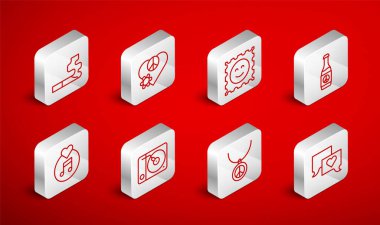 Konuşma baloncuğu sohbeti, aşk barışı, LSD asit izi, bira şişesi, sembollü kolye, sigara, vinil çalar ve disk simgesi ayarla. Vektör