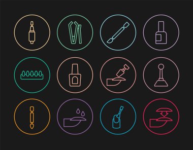 Hatlar sahte tırnaklar, manikür için değirmen kesicisi, oje şişesi ve tırnak cilası ikonu. Vektör