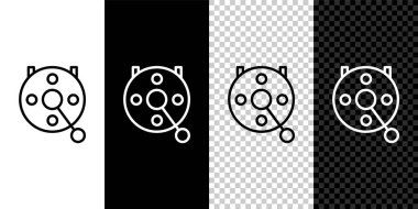 Olta makarasını siyah beyaz arka planda izole edilmiş balık ikonu için ayarla. Balık bobini. Balık oltası. Vektör.