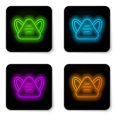 Parlayan neon hattı tıbbi koruyucu maske simgesi beyaz arka planda izole edildi. Siyah kare düğme. Vektör..