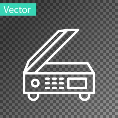 Beyaz çizgi tarayıcı simgesi şeffaf arkaplanda izole edildi. Belge taraması, kağıt kopya, baskı ofisi tarayıcısı. Vektör.
