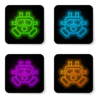 Parlayan neon hattı gaz maskesi simgesi beyaz arkaplanda izole edildi. Solunum cihazı işareti. Siyah kare düğme. Vektör.