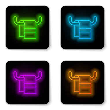 Beyaz arkaplanda izole edilmiş bir askı simgesi üzerinde parlayan neon çizgisi havlusu. Banyo havlusu ikonu. Siyah kare düğme. Vektör