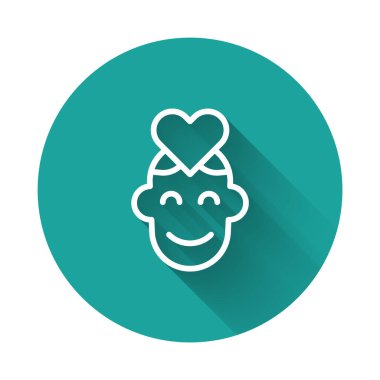 Beyaz çizgi gönüllü simgesi uzun gölge arkaplanı ile izole edildi. Yeşil daire düğmesi. Vektör