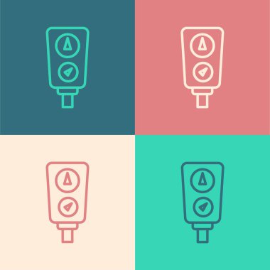 Pop art çizgisi ölçek simgesi renk arkaplanında izole edildi. Memnuniyet, sıcaklık, manometre, risk, değerlendirme, performans, hız taktik ölçer. Vektör