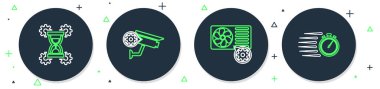 Hat güvenlik kamerası ayarları, klima, kum saati ve Stopwatch ikonu. Vektör
