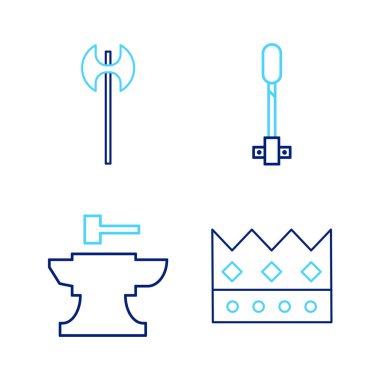 Kral tacı, demirci çekici, meşale alevi ve ortaçağ balta ikonu için örs. Vektör