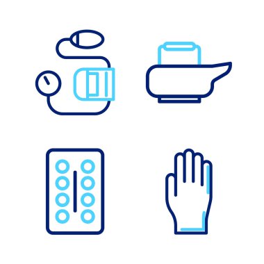 Tıbbi lastik eldivenler, su toplayan haplar, lazımlık ve kan basıncı ikonu. Vektör