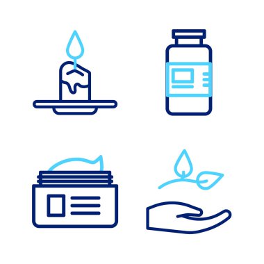 Elinde yaprak, krem tüpü, kollajen serumu ve Aroma mum ikonu olsun. Vektör