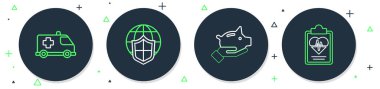 Dünya küresi, domuz kumbarası, acil durum arabası ve sağlık sigortası ikonu ile bir hat oluştur. Vektör