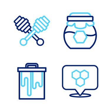 Hattı ayarla bal arısı konumu, bal kavanozu ve dipper çubuğu ikonu. Vektör