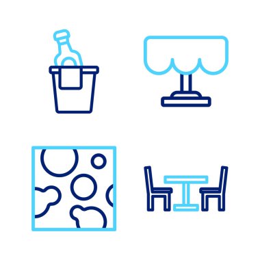 Tahta masa, sandalye, peynir ve şampanyayı buz kovası ikonuna koyun. Vektör