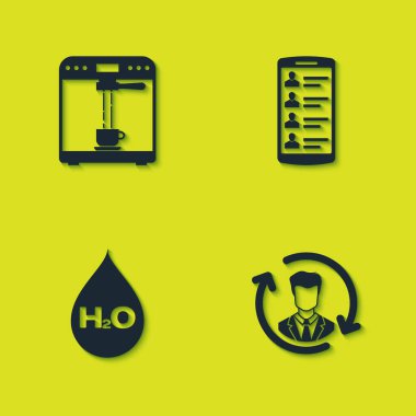 Kahve makinesini, fincanı, insan kaynaklarını, su damlasını H2O ve Smartphone kontak ikonuyla ayarla. Vektör.