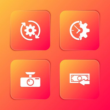 Vites ve okları iş akışı, saat teçhizatı, araba DVR ve Cash geri simgesi olarak ayarla. Vektör.