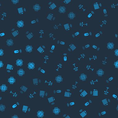 Akıllı ısıtma radyatörünü, sokak lambasını, kablosuz fareyi ve mikrodevreli işlemciyi pürüzsüz desene ayarlayın. Vektör.