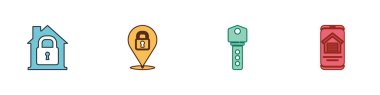 House 'u koruma altına alın, konum kilidi, anahtar ve çevrimiçi emlak evi simgesi. Vektör.