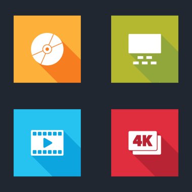 CD veya DVD diski, koltuklu sinema salonu, Play Video ve 4k Ultra HD simgesi ayarla. Vektör.