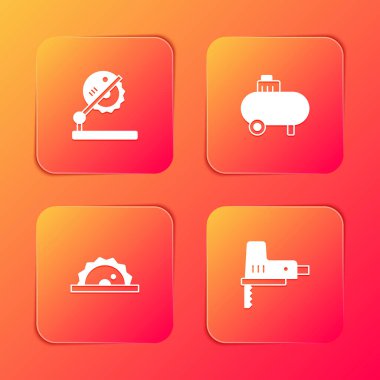 Tahta testeresi, hava kompresörü, elektrik dairesi ve yapboz simgesi. Vektör