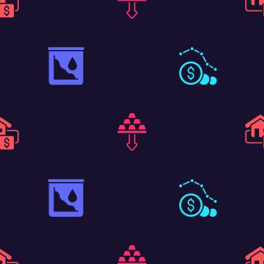 Dolar oranını düşür, ham petrol fiyatını düşür, altın külçeleri ve satışla birlikte dikişsiz tabela as. Vektör