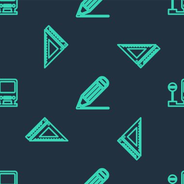 Kalem ve halatı ayarlayın, üçgen cetvel ve otobüs durakları pürüzsüz desen üzerinde. Vektör.