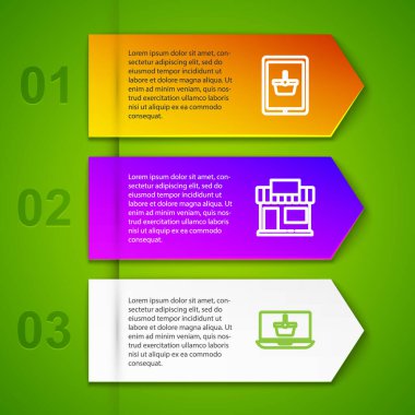 Satın alma sepetini tablet, inşaat veya market, dizüstü bilgisayar ve indirimli yüzde etikete ayarla. Ticari bilgi şablonu. Vektör.