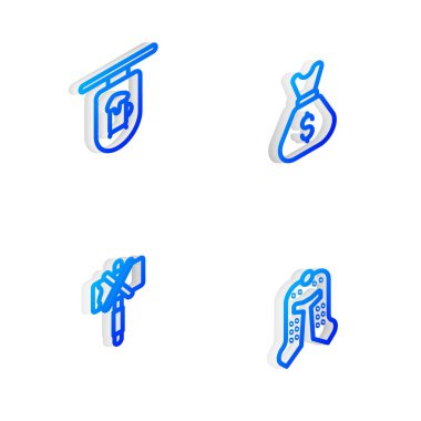 Isometric hattı eski para çantası, Bar ile sokak tabelası, ortaçağ balta ve kask ikonu. Vektör