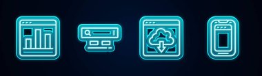 Çizgi grafiği bilgisini, arama motorunu, bulut indirmesini ve cep telefonunu ayarla. Parlayan neon ikonu. Vektör