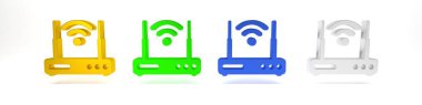 Renkli Yönlendirici ve kablosuz ağ sinyali simgesi beyaz arkaplanda izole edildi. Kablosuz ethernet modem yönlendirici. Bilgisayar teknolojisi interneti. Minimalizm kavramı. 3 Boyutlu resimleme
