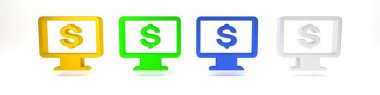 Beyaz arkaplanda dolar simgesi olan renkli bilgisayar monitörü. İnternet finansal güvenlik konsepti, çevrimiçi finans koruması. Minimalizm kavramı. 3 Boyutlu resimleme